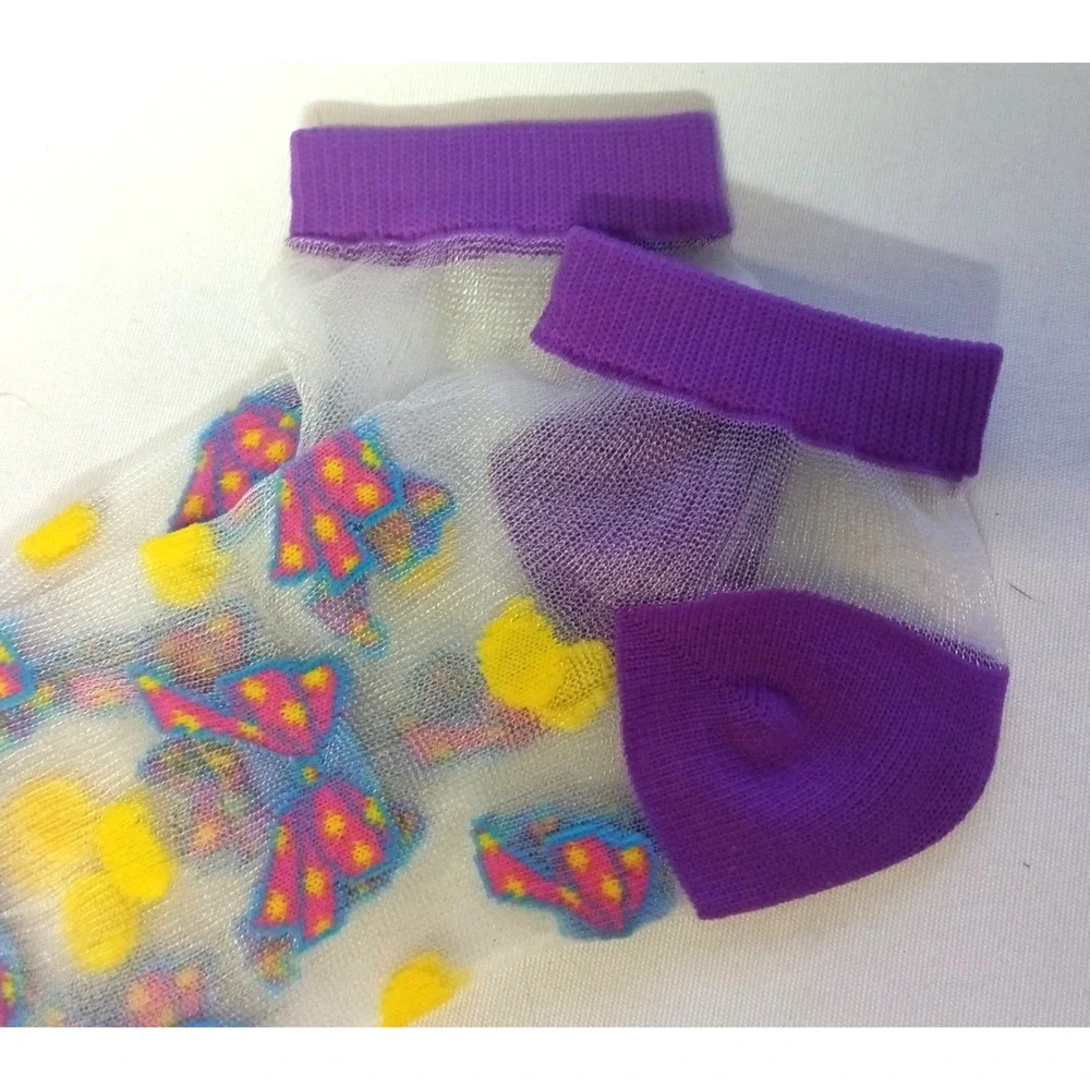 Ladybug Lady's SHEER Fashion Crew Socks Colorful Bowties / SIZE 9-11 Purple Trim